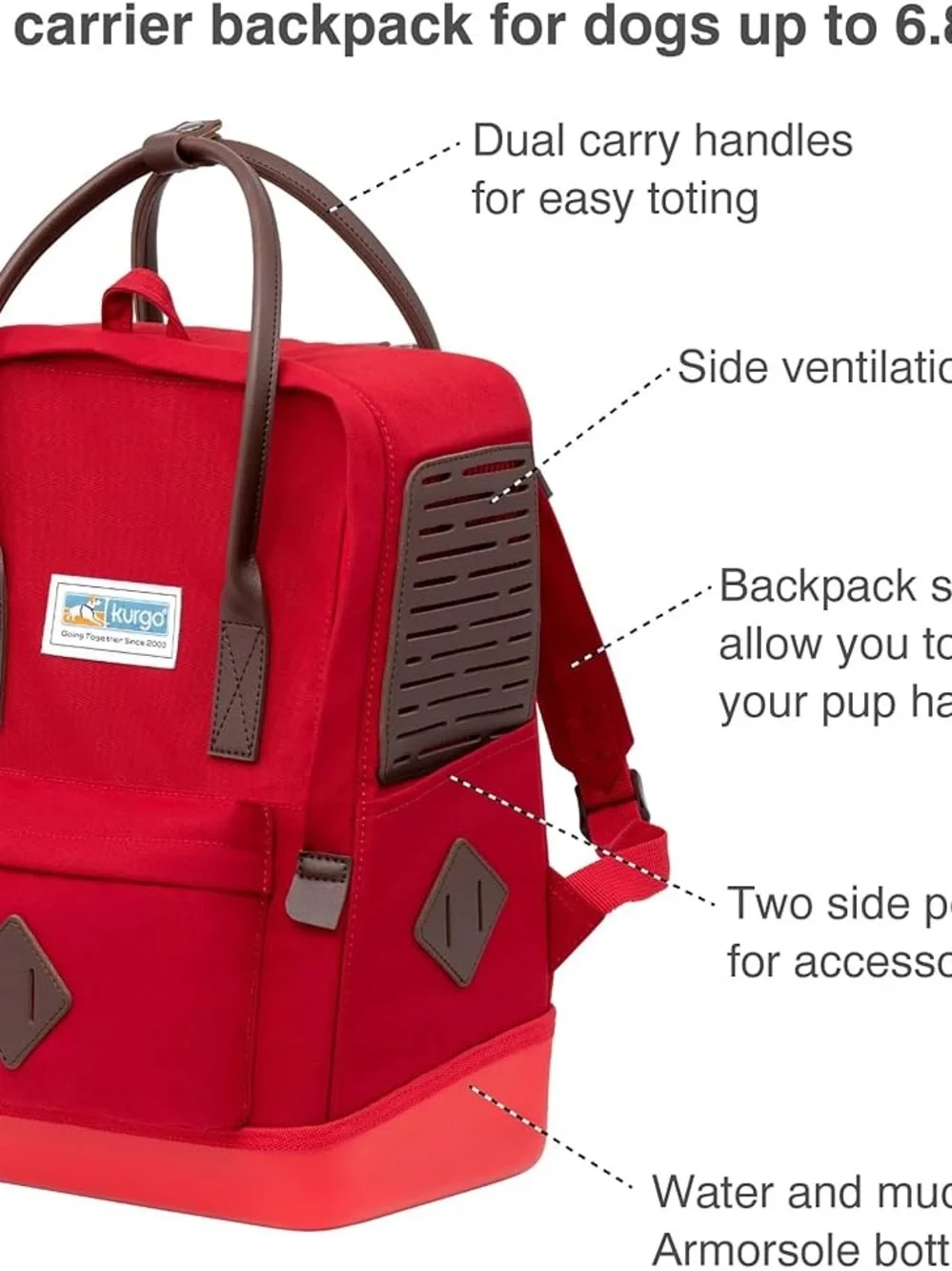 Kurgo Cranberry Red Travel Pet Backpack with Brown Trim